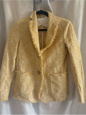Hugo Boss Fringed Yellow Tweed Single-Button Blazer